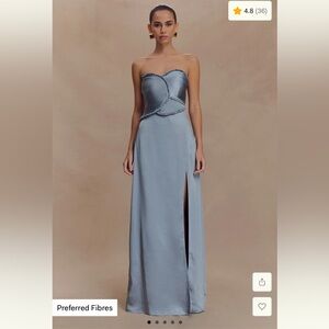 NWT Meshki Larissa Satin Maxi Dress with Ruched Petals in Frosted Blue